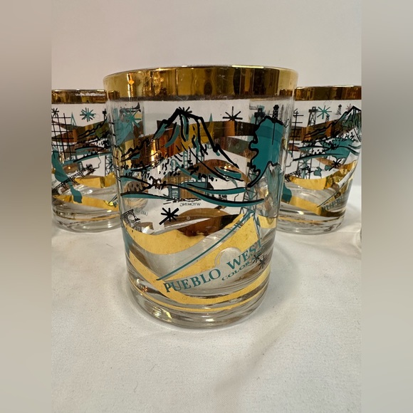 Rare Set of 5 MCM Norma Jean Wright 24k Gold & Turquoise Oil & Gas Bar Glasses - Picture 8 of 15